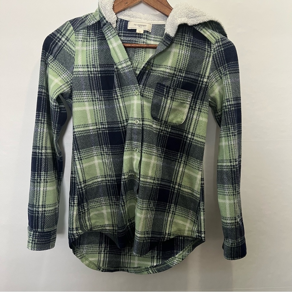 No Comment Green and Black Plaid Button Up Shirt Womens Size Small